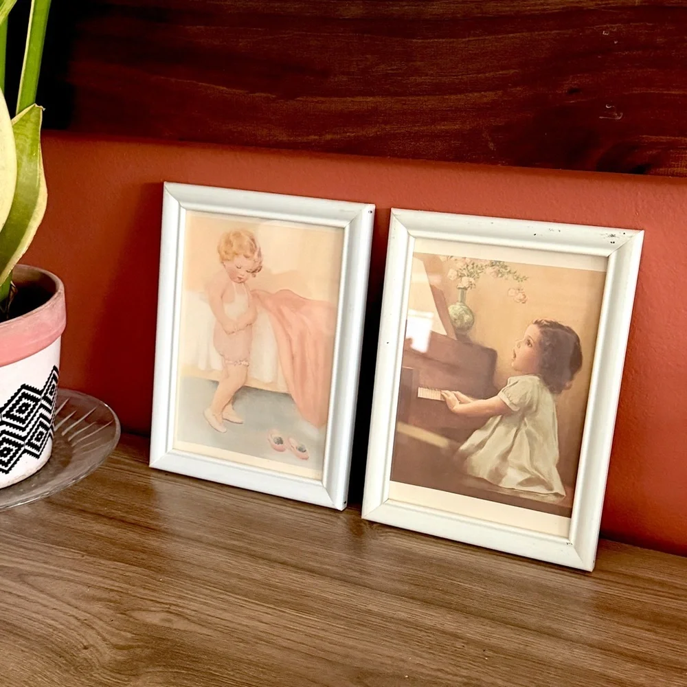 Pair of Vintage Children Piano Getting Ready Art Prints Framed Art Bessie Pease